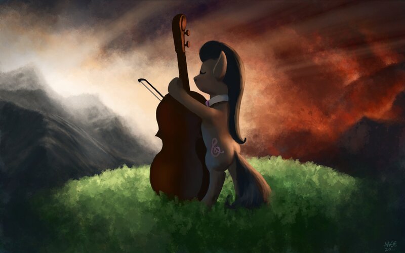 pony playing cello at sunset