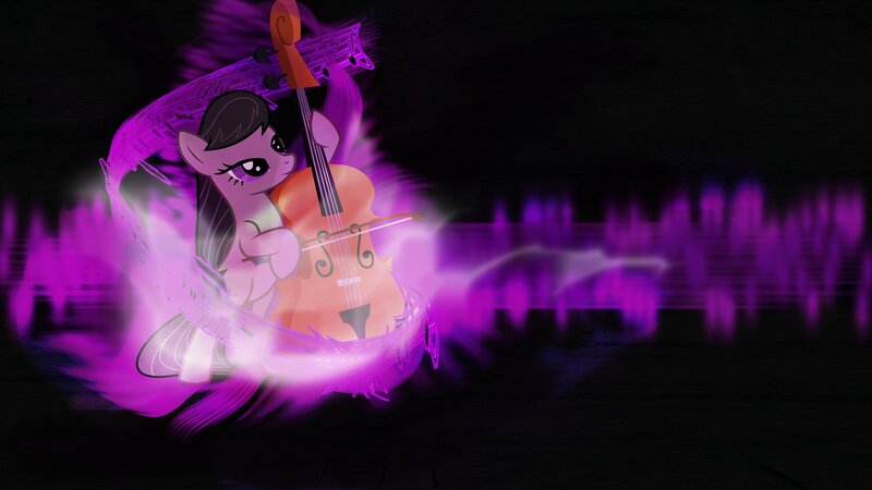pony playing cello with purple aura