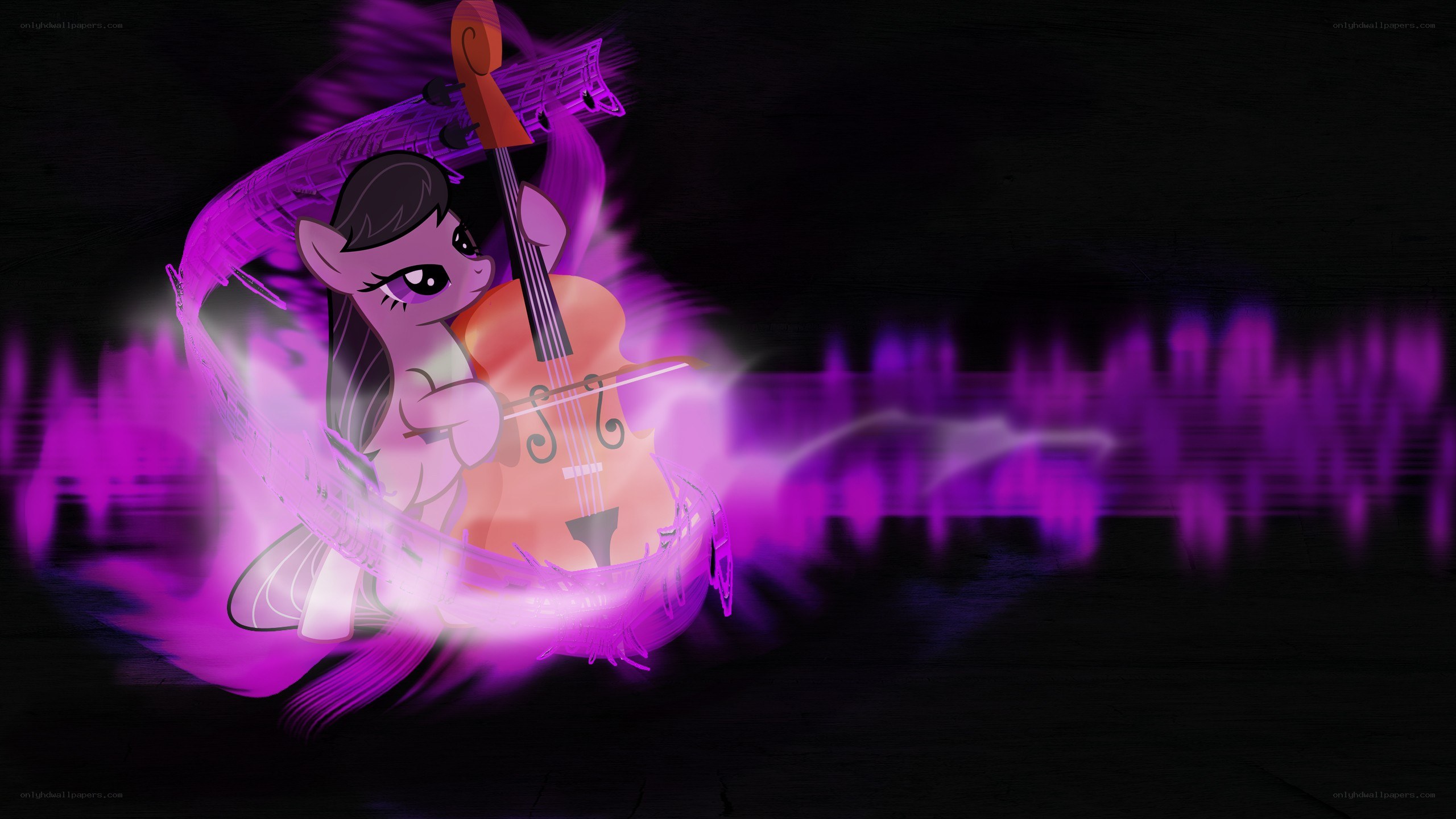 pony playing cello with purple aura