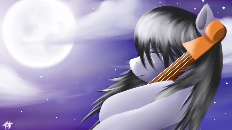 pony playing violin under moonlight