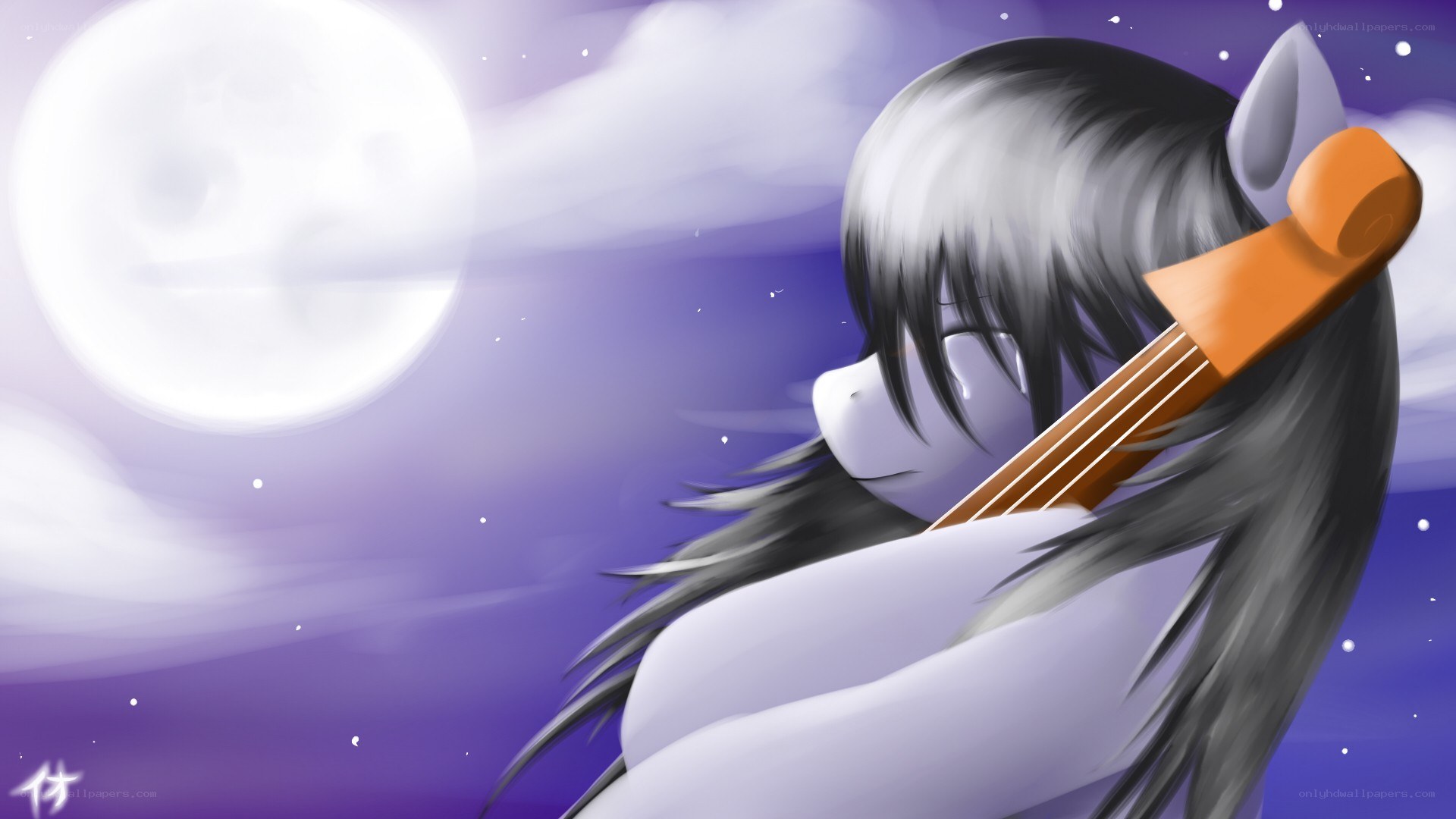 pony playing violin under moonlight
