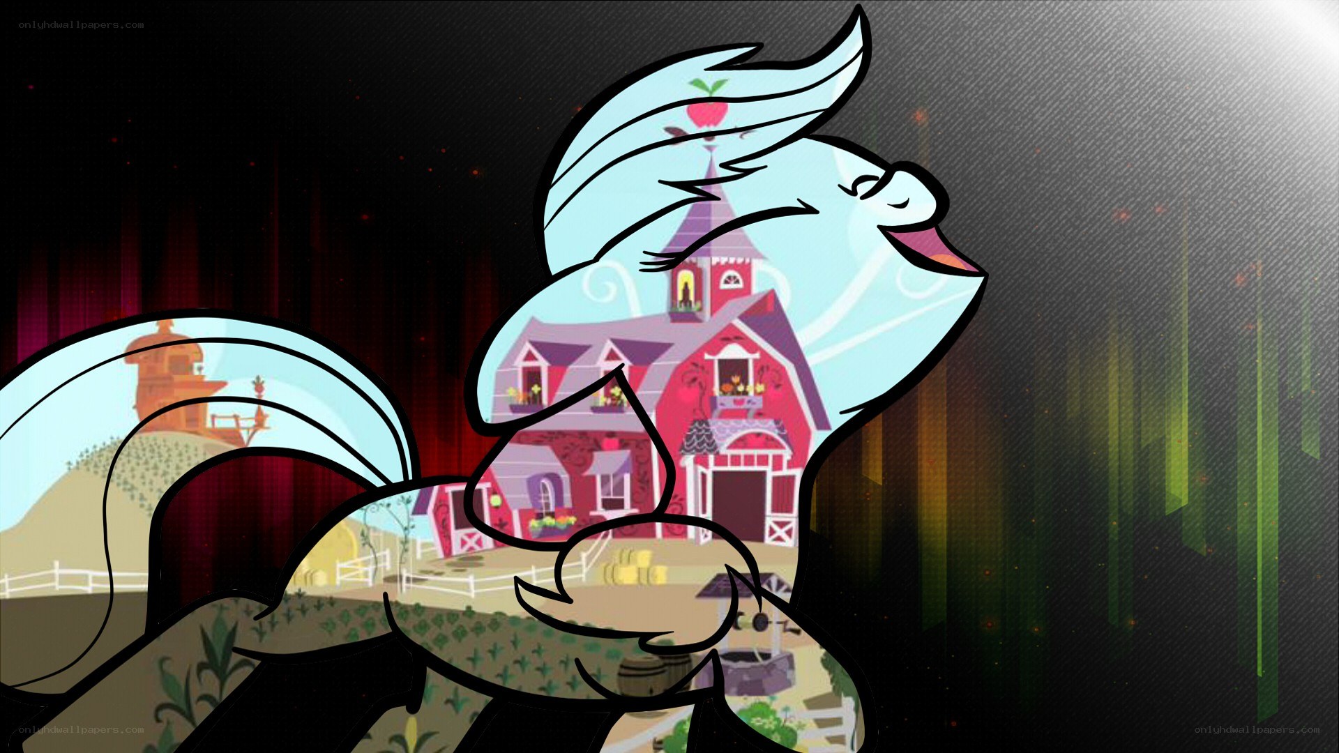 pony with farm reflection