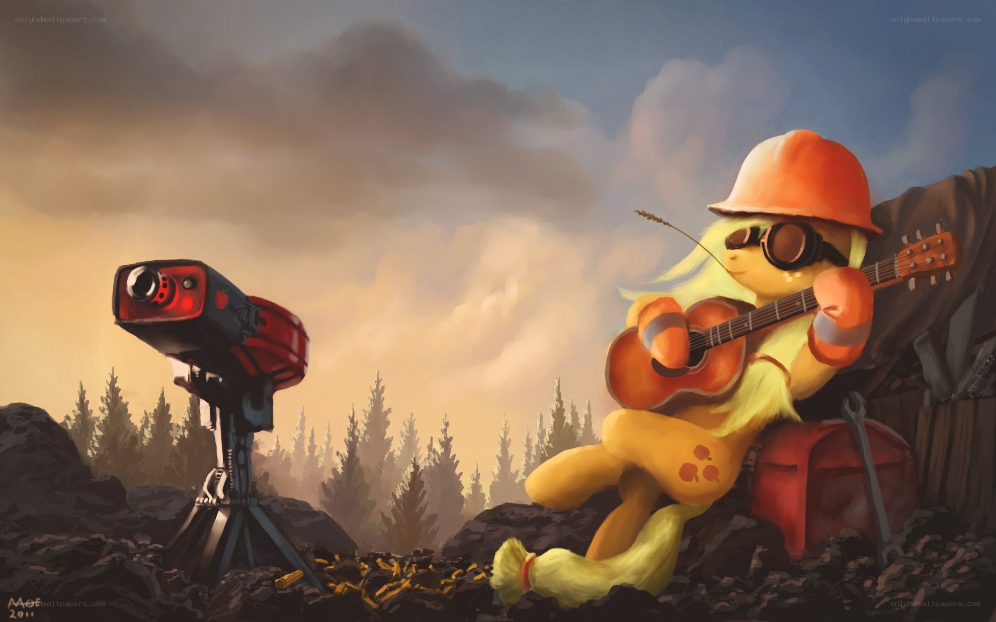 pony with guitar in war zone