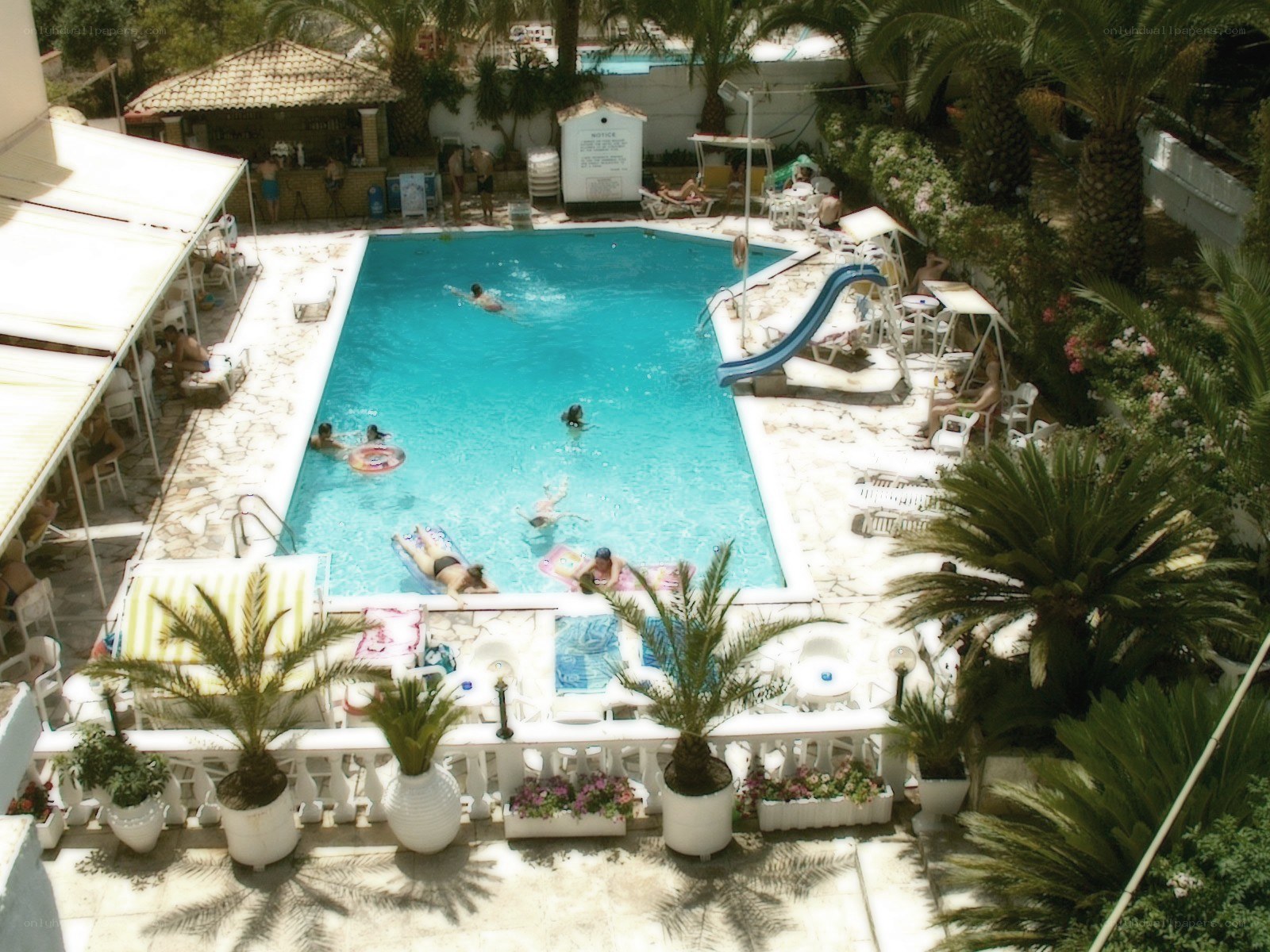 Pool area with people swimming