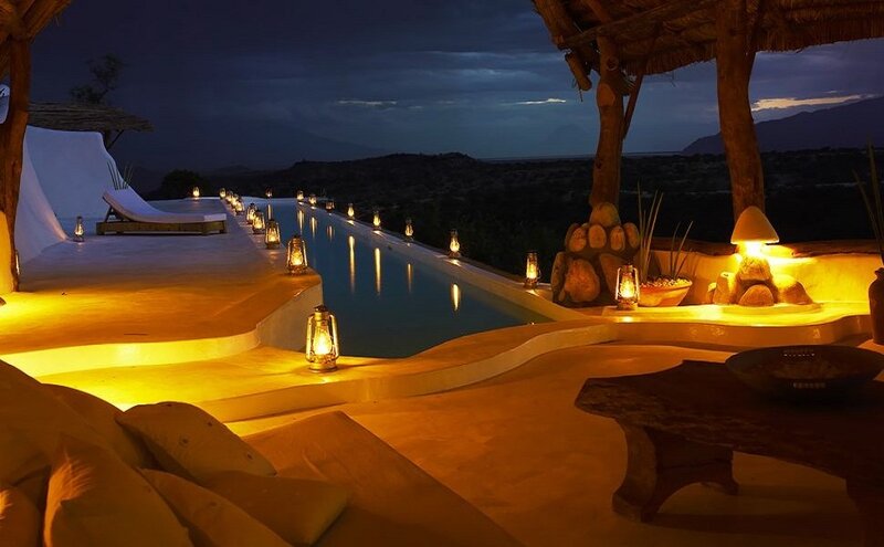 Pool at Night with Lanterns
