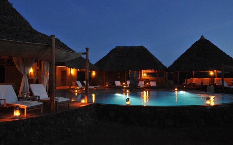 Pool at Resort at Night — Blue, Serene, Photograph, Lanterns