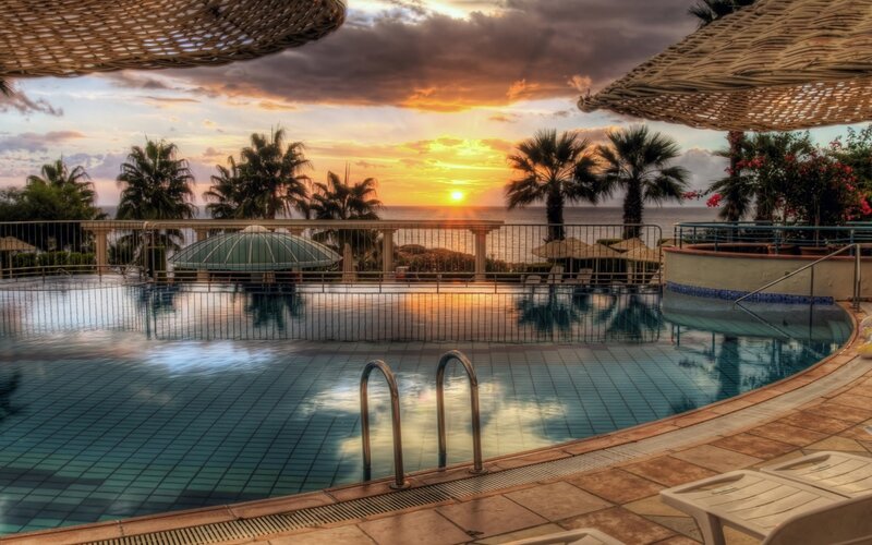 Pool at Sunset — Blue, Serene, Photograph, Palm Trees, Ocean