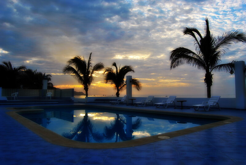 Pool at Sunset — Blue, Serene, Photograph, Palm Trees