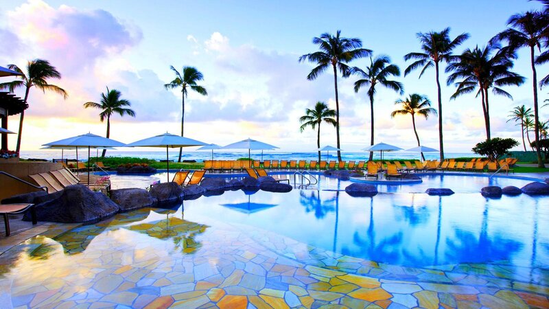 Pool at Tropical Resort — Blue, Serene, Sunset, Photograph