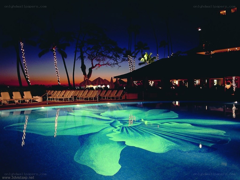 pool at twilight with floral design