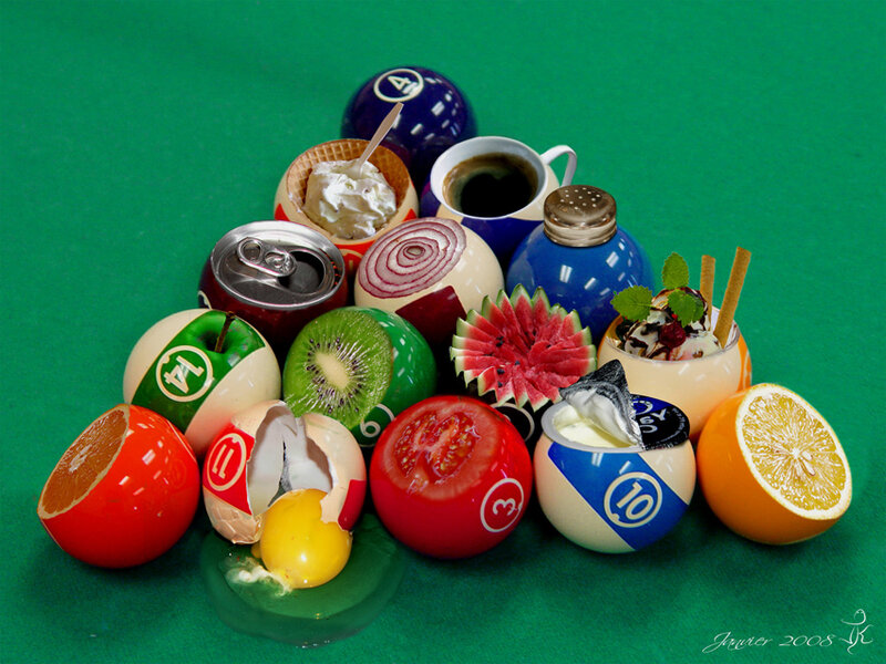 Pool balls with food items