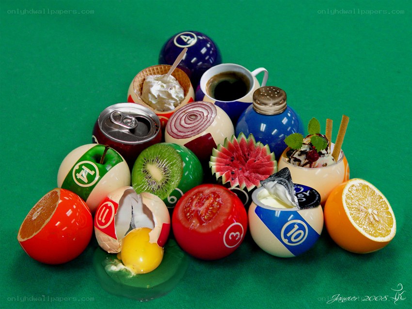 Pool balls with food items