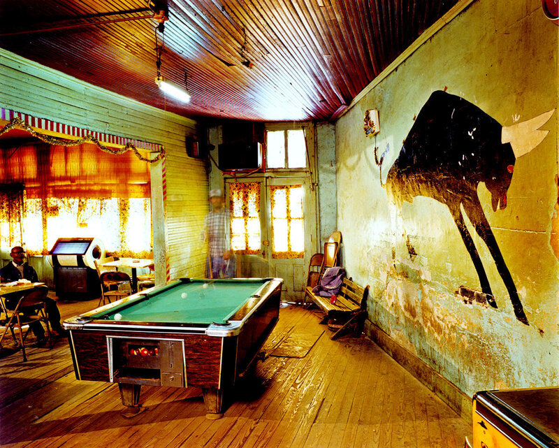 pool hall with bull mural