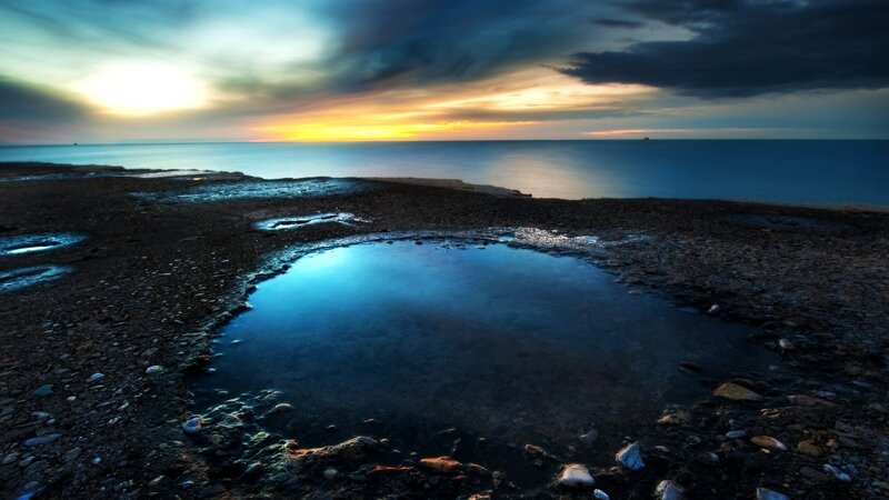 Pool of Water on Beach — Blue, Dramatic