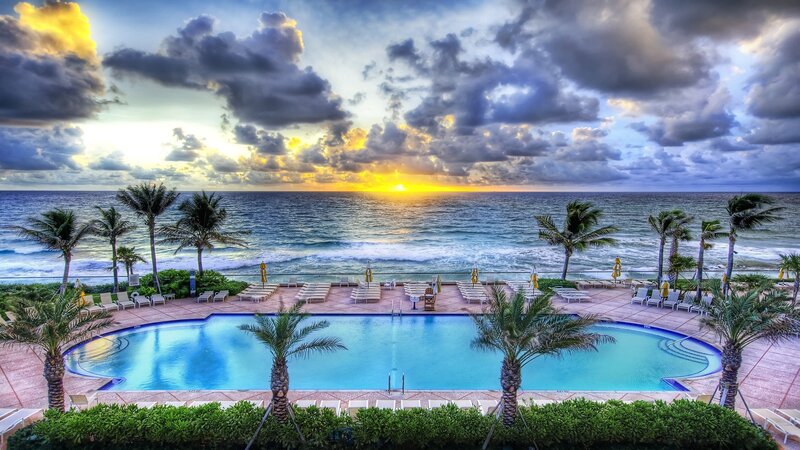 Pool Overlooking Ocean — Blue, Dramatic, Sunrise, Photograph, Palm Trees