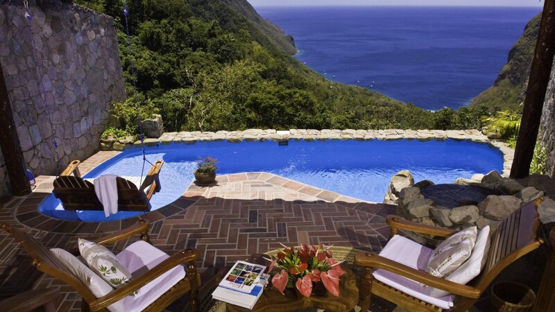 Pool Overlooking Ocean — Blue, Serene, Afternoon, Photograph, Chairs, Table