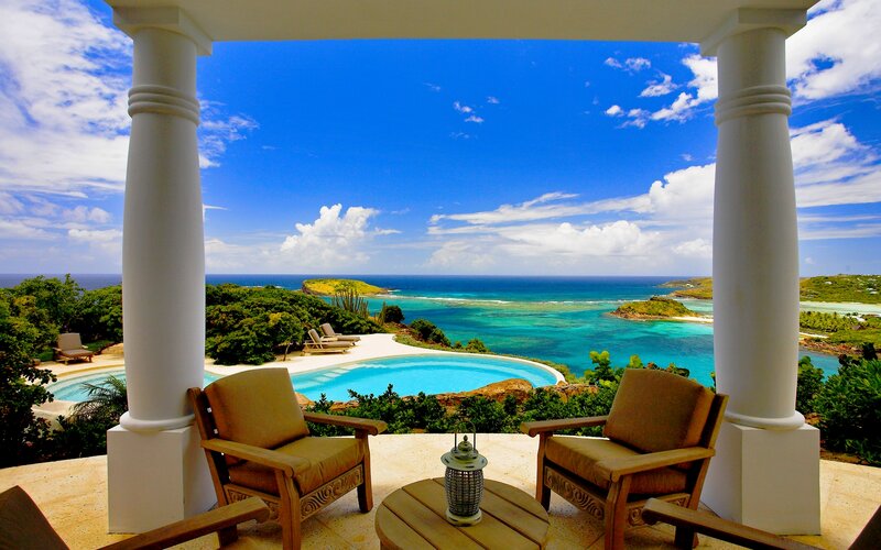 Pool Overlooking Ocean — Blue, Serene, Afternoon, Photograph, Chairs