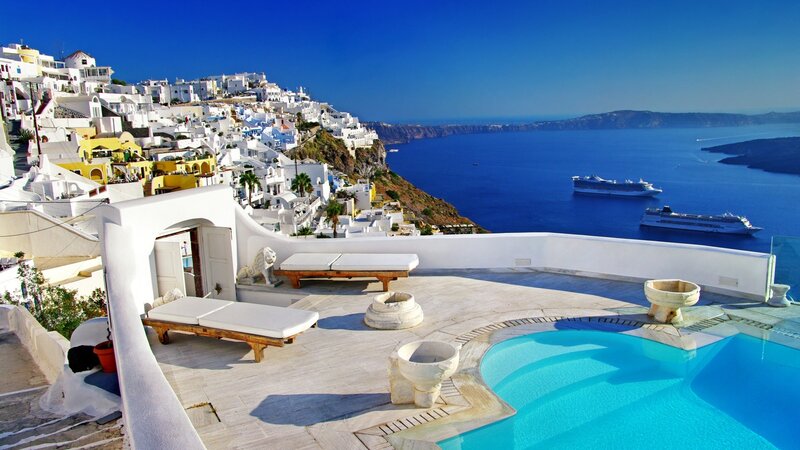 Pool Overlooking Santorini — Blue, Serene, Afternoon, Photograph, Cruise Ships
