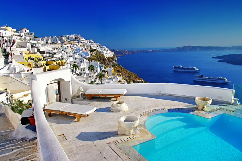 Pool Overlooking Santorini — Blue, Serene, Afternoon