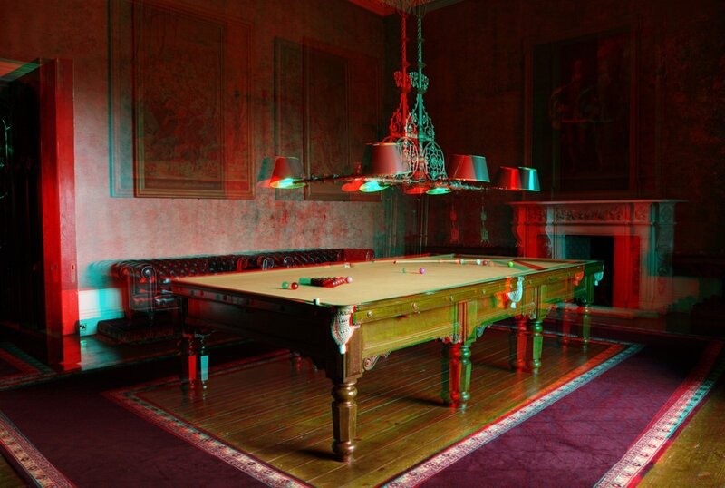 Pool Table in Room — Red, Dramatic