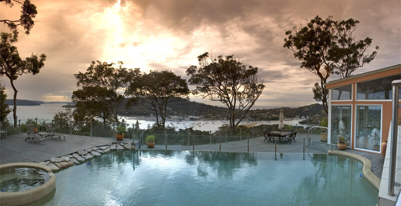 Pool with bay view at sunset