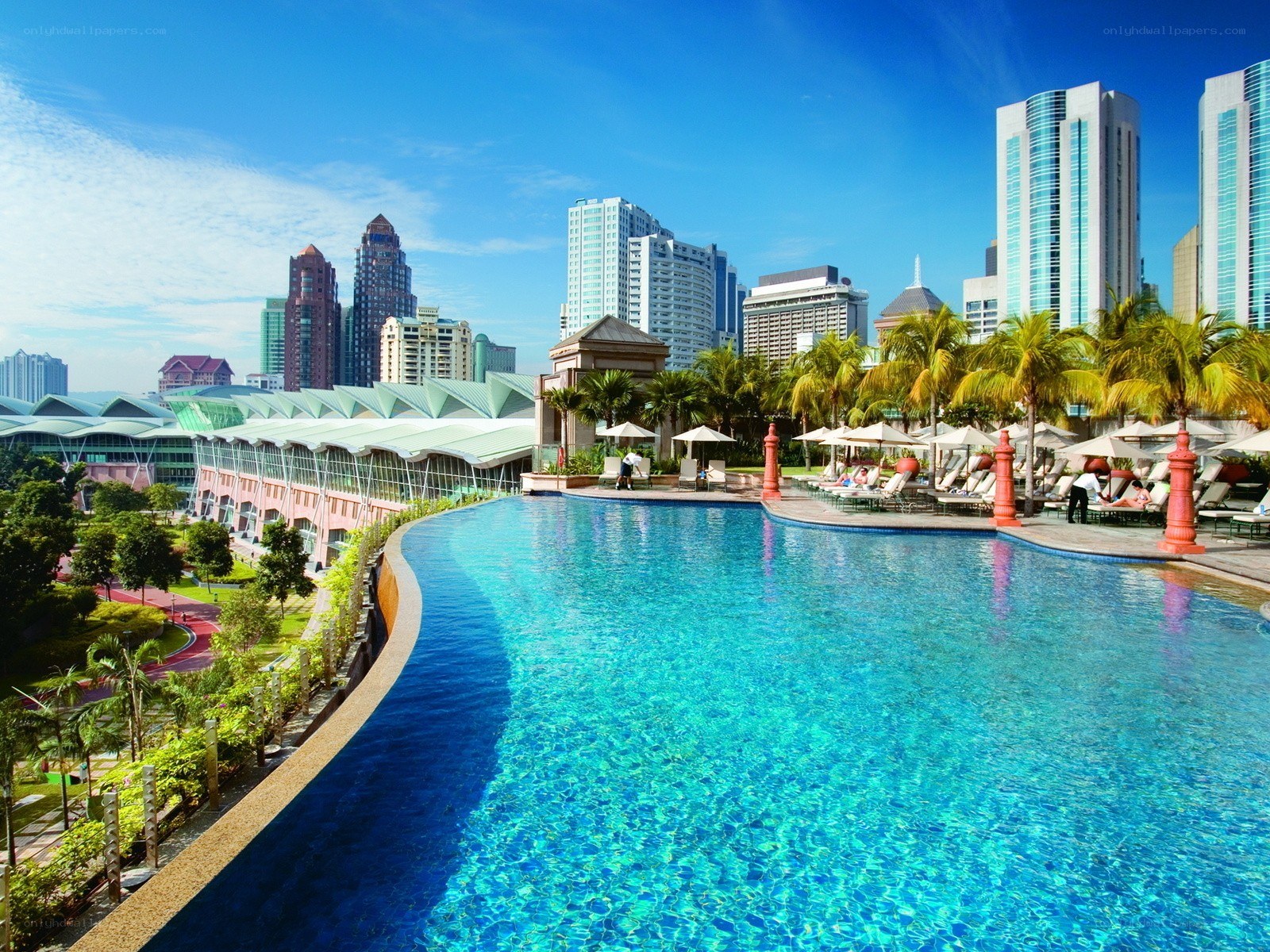 Pool with city skyline view