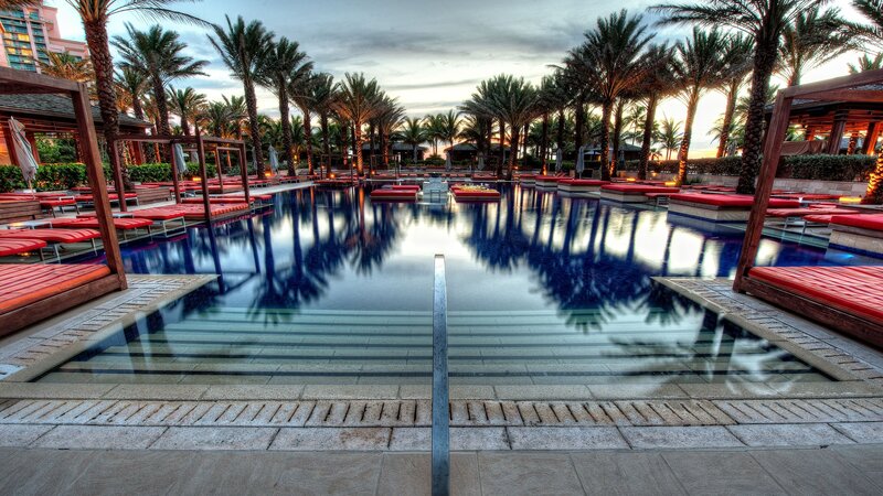 Pool with Lounge Chairs — Blue, Serene, Sunset