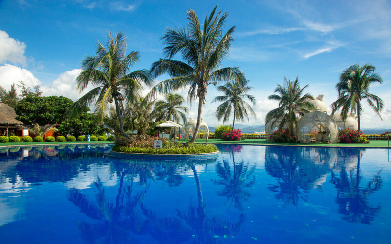 Pool with Palm Trees — Blue, Serene, Afternoon, Photograph, Palm Trees, Gazebo
