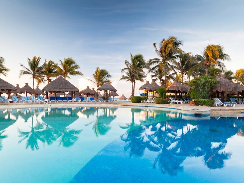 Pool with Palm Trees — Blue, Serene, Sunset