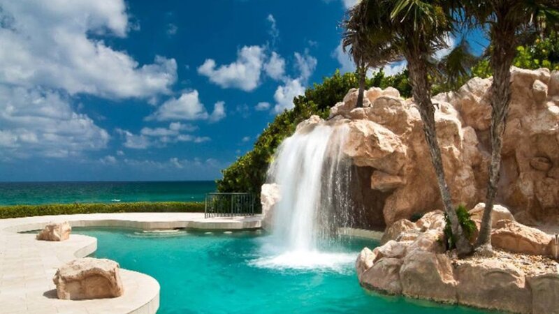 Pool with Waterfall — Blue, Serene, Afternoon, Photograph