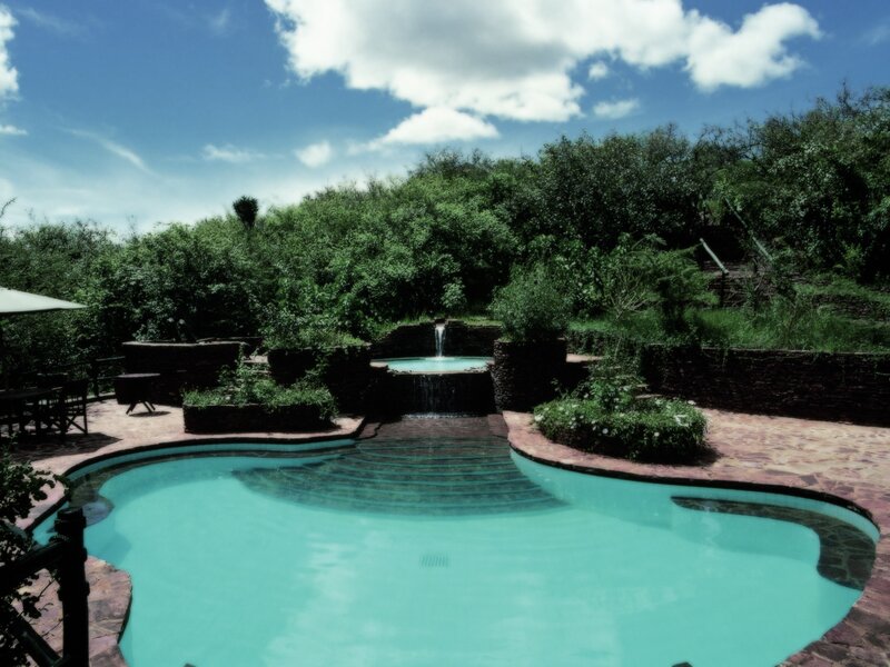 Pool with Waterfall — Blue, Serene, Afternoon, Photograph, Trees, Stone Walls