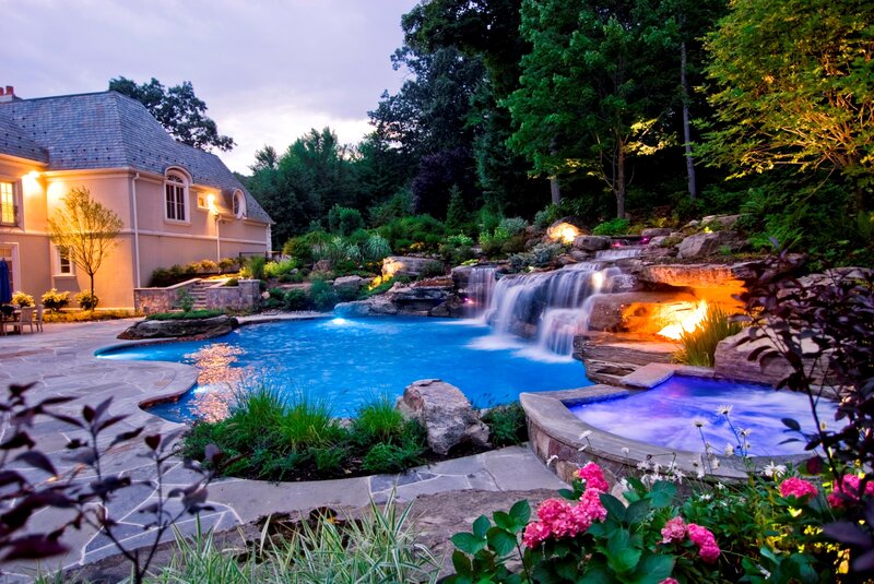 Pool with Waterfall — Blue, Serene, Night, Photograph