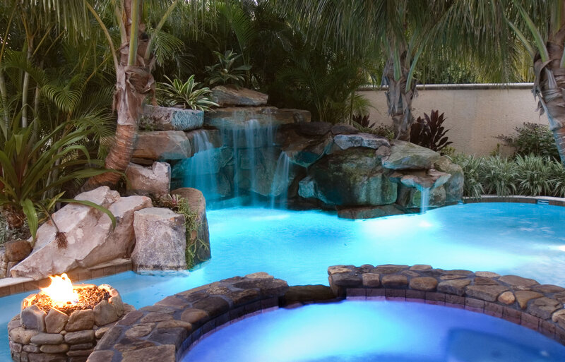 Pool with Waterfall — Blue, Serene, Night