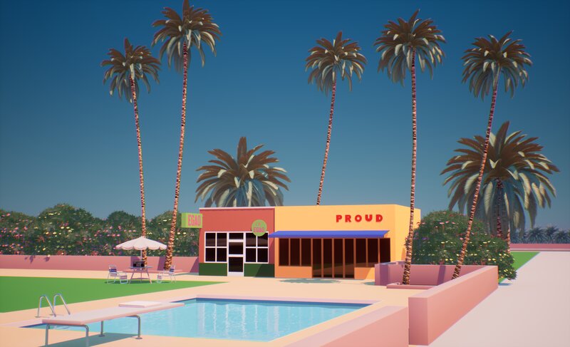 Poolside Building with Palm Trees