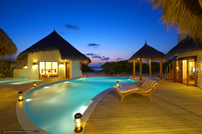 Poolside Bungalow at Dusk