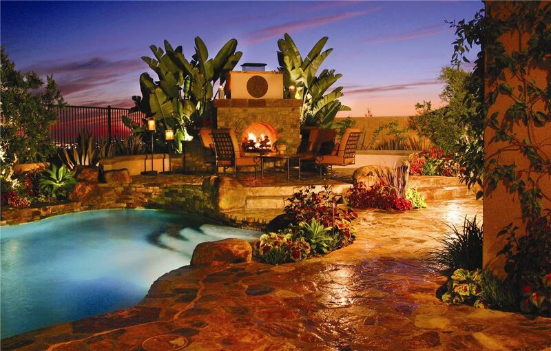 Poolside Fireplace at Dusk