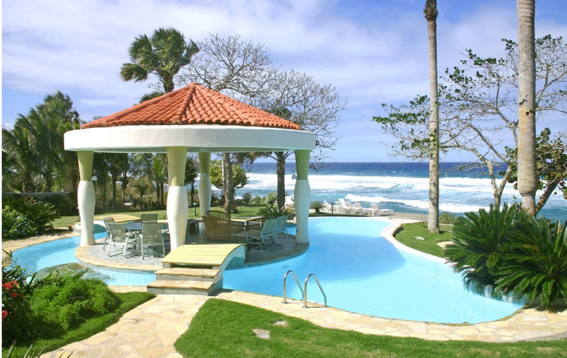 Poolside gazebo with ocean view