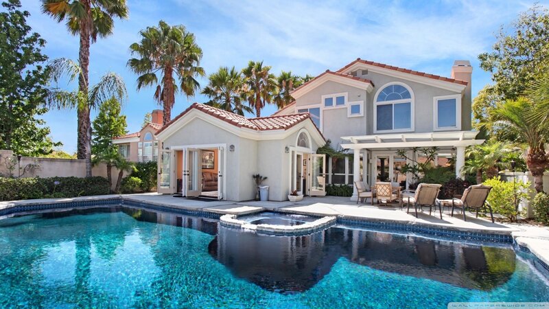 Poolside House with Palm Trees — Blue, Serene