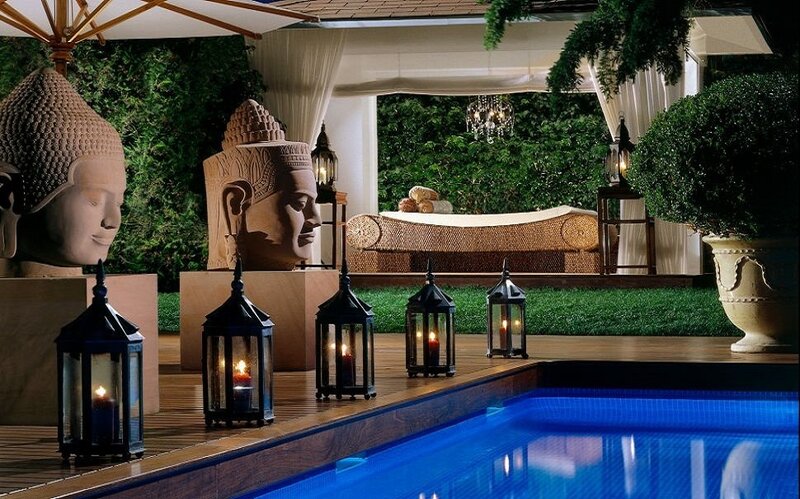 Poolside Lanterns and Statues