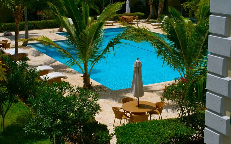 Poolside Lounge Area — Blue, Relaxed, Afternoon, Photograph, Palm Trees, Lounge Chairs