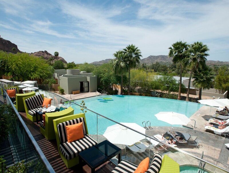 Poolside Lounge Area — Blue, Relaxed, Afternoon, Photograph, Palm Trees