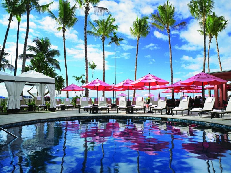 Poolside Lounge Area — Blue, Relaxed, Afternoon, Photograph, Palm Trees, Umbrellas, Chairs