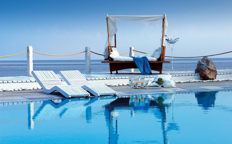 Poolside Lounge Area — Blue, Serene, Afternoon, Photograph, Lounge Chairs, Canopy Bed