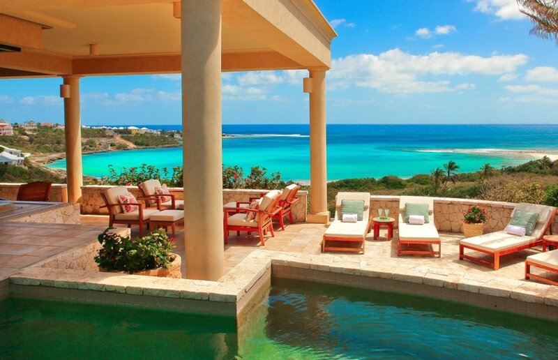 Poolside Lounge Area — Blue, Serene, Afternoon, Photograph, Lounge Chairs, Ocean View