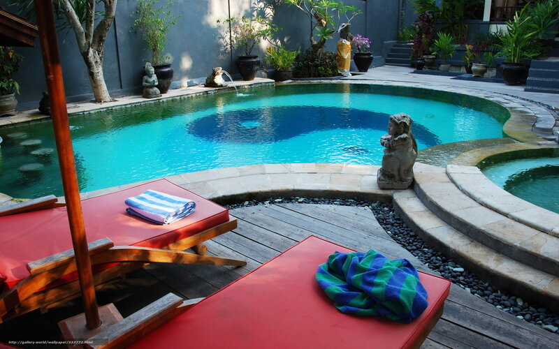 Poolside Lounge Area — Blue, Serene, Afternoon, Photograph, Lounge Chairs, Statue