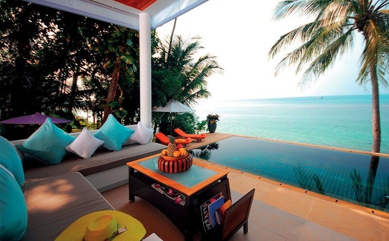 Poolside Lounge Area — Blue, Serene, Afternoon, Photograph, Palm Tree