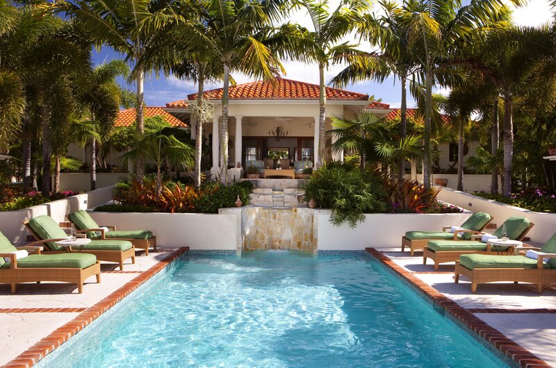 Poolside Lounge Area — Blue, Serene, Afternoon, Photograph, Palm Trees, Lounge Chairs