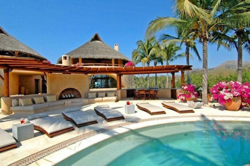 Poolside Lounge Area — Blue, Serene, Afternoon, Photograph, Palm Trees, Thatched Roofs