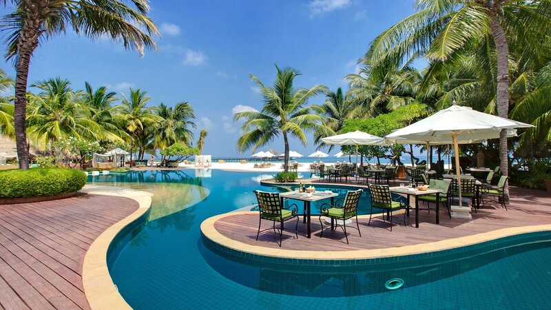 Poolside Lounge Area — Blue, Serene, Afternoon, Photograph, Palm Trees, Umbrellas, Tables