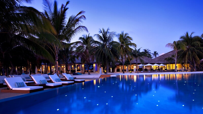 Poolside Lounge Area — Blue, Serene, Night, Photograph, Palm Trees